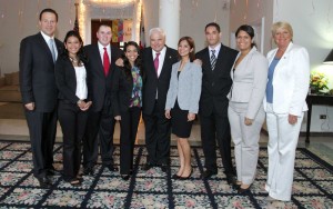 SDSU intern Kaleb Kroger (third from left) stands with Ricardo Martinelli (middle), president of the Republic of Panama; Vice President and Foreign Minister Juan Carlos Varela (far left); and Barbara Stephenson (far right), U.S. Ambassador to Panama, who has since been promoted to deputy chief of mission at the U.S. Embassy in London. The other people in the photo are local Panamanian interns. The occasion was the ambassadorâ€™s July 4 gathering.