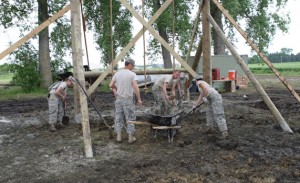 Soldiers from the 424th Engineer Company of Rutland, Vermont, didnâ€™t let rain and mud stop them from accomplishing their mission while on the SDSU campus in June. The Vermont Army Reservists were on campus to start construction of the Goodale-Renz ROTC Confidence Obstacle Course, which is being funded by SDSU alumni Gene and JoAnn Goodale of Pekin, Illinois.