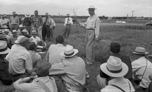 Field day around late 1940s. An agronomy agent discusses wheat production. Transferring research information to the producer has been a mission of the University for more than a century. It started with the Hatch Act of 1887, which created ag experiment stations.