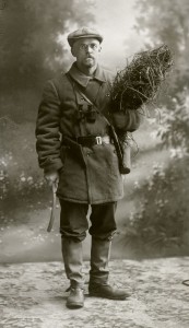 Hansen as Agricultural Explorer for the U.S. Dept. of Agriculture in field costume in the wilds of Siberia bringing in an example of a new alfalfa variety on his third trip to Siberia in 1908.
