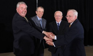 Jerry Lohr, far left, with Daktronics leaders Jim Morgan,â€ˆDuane Sander and Al Kurtenbach.
