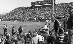 Part of the record crowd of 16,193 at Coughlin-Alumni Stadium when SDSU upset then No. 1 University of South Dakota on Oct. 19, 1985.