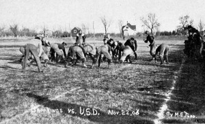 Each school's honor and right to gloat were on the line in a football game against the University of South Dakota in November 1906. Early contests were not fancy or complicated. With fewer than two hundred students at Brookings, any young man with ability had a chance to play.