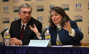 College of Agriculture and Biological Sciences Dean Barry Dunn looks on as Agriculture Deputy Secretary Kathleen Merrigan announces the $4 million, five-year grant at an SDSU press conference Feb. 27.