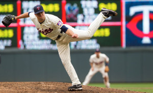 Caleb Thielbar on the mound during game action in summer 2013 with the Minnesota Twins. The left-hander became the first player in the history of SDSU baseball to appear in a major league game after being called up by the Twins May 20. â€“Photograph courtesy of the Minnesota Twins