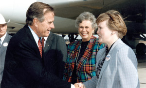 Toman, right, greeting President George H.W. Bush in Sioux Falls during the 1992 presidential campaign. Lt. Gov. Walter D. Miller is hidden. Pat Adam, Gov. Mickelsonâ€™s sister, is in the center.