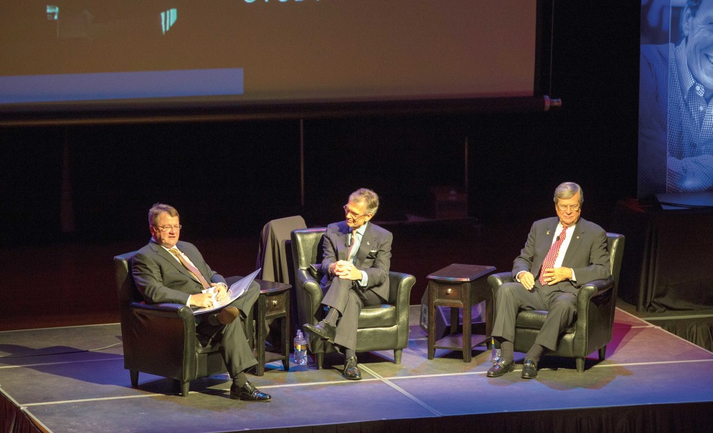 From left, Chuck Raasch â€™76, Tom Daschle â€™69 and Trent Lott sit on the stage at the Performing Arts Center. Raasch served as the moderator for the first Daschle Dialogues held Oct. 14.
