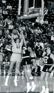 JoElle (Byre) Benson â€™86 attempts a shot against Augustana during the Jackrabbitsâ€™ 92-91 win Jan. 11, 1986. She averaged 16.1 points and 11.2 rebounds per game that season.