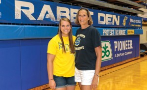 In addition to being mother and daughter, JoElle (Byre) Benson â€™86, right, and Ellie Benson share the distinction of being student-athletes at State. JoElle played volleyball one year and basketball three years at State while Ellie is a redshirt freshman on the 2015 volleyball team.