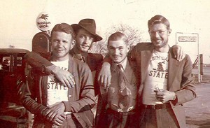 At the time of the famous canceled 1942 Hobo Day, this group of bearded students hailed from Campbell County. On the far left is Tolstedt, a sophomore from Herreid. Next is Mike Schaefbauer, a freshman from Herreid who joined the U.S. Navy and saw combat on the Bunker Hill aircraft carrier. Next to them, are, respectively, Elmer Reierson and Louis Dornbush, both from Pollock. All survived. Tolstedt and Dornbush completed their degrees at State: Tolstedt in 1948 and Dornbush in 1949.