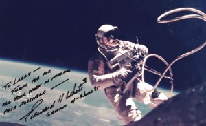 A signed picture of Ed White on the first American spacewalk. The photo was a gift from White to Bell.