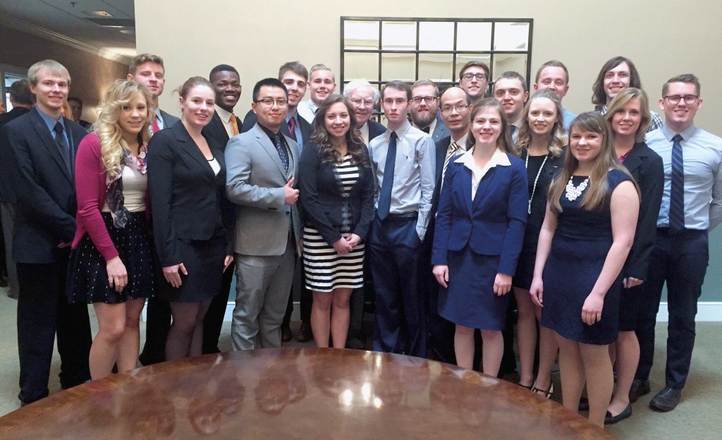 The following individuals met legendary investor Warren Buffett in February. They are: back, from left, Richard Mulder, Jordan Jaacks, Raymond Opoku, Nikita Medvedev, Chad Te Slaa, Austin Appel, Connor Oâ€™Kane, Kyle Vos, Zach Fedt, Aldon Myrlie and Austin Erikson; center: Buffett; front,from left: Melinda Sommer, Lindsey Meiers, Yu Chen, Abigail Vlaminck, Justin Price, Dr. Gerald Wang, Jessica Boesch, Lexi Fokken, Stacey Weets and Kylie Walterman.