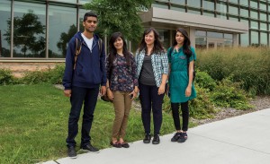 Through the International Research and Exchanges Boardâ€™s Global Undergraduate Exchange Program, students from Pakistan and Tunisia are taking classes at State in the fall semester. From left, Rami Mahjouba, Iqra Abbasi, Nadia Asta and Aminah Siddique, are the first students to attend the university through this program.