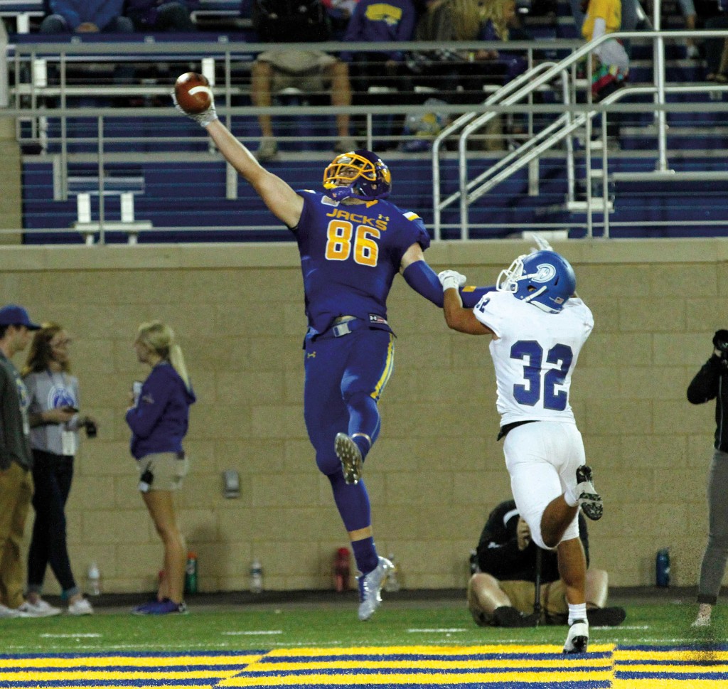 The catch: While this catch was only for a 3-yard touchdown, it will remain in the memories of Dallas Goedert and Jacks fans for years to come. This catch was ranked No. 1 on ESPNâ€™s College Football Final and No. 5 on Top Plays for that day. Photo by Dave Eggen, Inertia Sports Media.