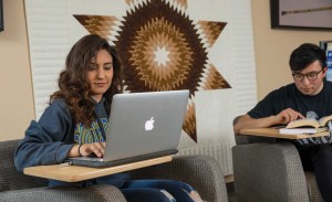 A student studies at a computer.