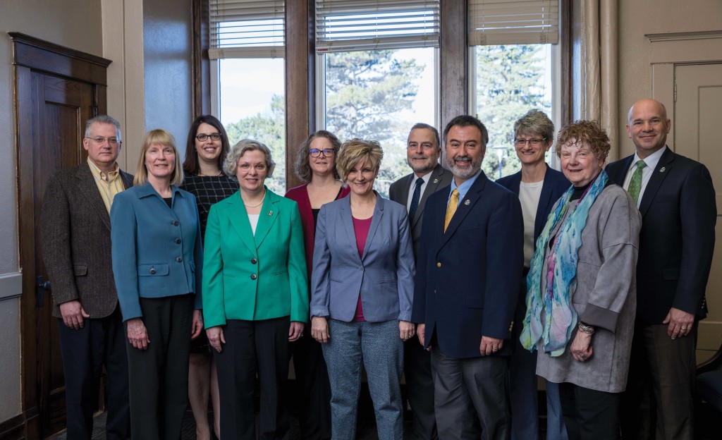 The SDSU Deansâ€™ Council meets regularly throughout the academic year to discuss whatâ€™s going on in each of their colleges. Left to Right: Kinchel C. Doerner, dean of the Graduate School; Kristi Tornquist, chief university librarian at the Hilton M. Briggs Library; Rebecca Bott, dean of the Van D. and Barbara B. Fishback Honors College; Charlene Wolf-Hall, dean of the College of Natural Sciences; Lynn Sargeant, dean of the College of Arts, Humanities and Social Sciences; Jill Thorngren, dean of the College of Education & Human Sciences; Bruce Berdanier, dean of the Jerome J. Lohr College of Engineering; John Killefer, South Dakota Corn Utilization Council Endowed Dean of Agriculture, Food and Environmental Sciences; Jane Mort, dean of the College of Pharmacy and Allied Health Professions; Roberta Olson, interim dean of the College of Nursing; and Dennis Hedge, provost and vice president for academic affairs.