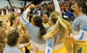 The SDSU Jackrabbits celebrate after defeating Syracuse. Photo by Charles Wainwright