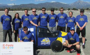 Overall winners of the Human Powered Vehicle contest in Pomona, California, March 15-17, pose with Quack Jack, the pedal-powered vehicle they designed, built and raced. The South Dakota State University engineering students are, back row, from left, adviser Gregory Michna, Sara Broad, Evan Fick, Nicholas LaFave, Alexander Gray, Ray Munsterman, Evan Tebay, Anna Fasen and Cole Brown. In front, Lane Prather, left, and Joshua Goehring. 