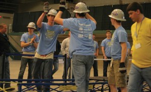 Students celebrate during the bridge building competition.