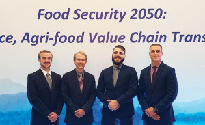 South Dakota State Universityâ€™s student case study team won the International Food and Agribusiness Management Associationâ€™s competition in June in Hangzhou, China. Making up the team were, from left: Derek Nehring, a senior from Parker; Richard Mulder, a graduate student from Lake Benton, Minnesota; Nikita Medvedev, a graduate student from Tallin, Estonia; and Austin Broin, a May 2019 graduate from Dell Rapids.