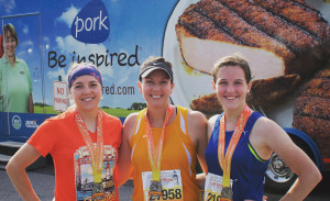 The Schaffer family represented Minnesota Pork when they ran the famed Gary Bjorklund Half Marathon in Duluth, Minnesota, in 2016. Monica Schaffer, middle, with her daughters, Kendrah, left, and Madison (now Hokanson).