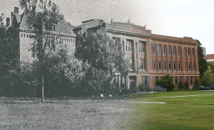 Morrill Hall, the university's administration building, pictured in 1916 and 2019. 