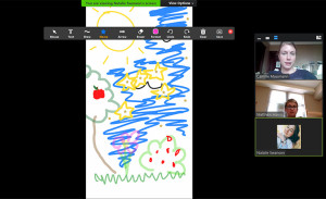 A screen shot of someone's computer showing a drawing and students connecting via Zoom.