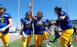 Players celebrate a touchdown in the endzone.