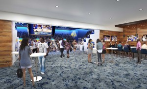 A proposed club suite with blue carpet and people milling around.