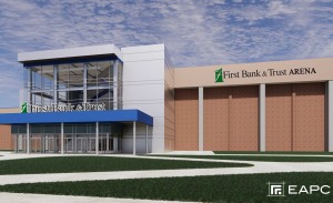 The building exterior of the proposed First Bank and Trust arena.