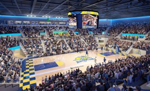 A photo rendering showing a basketball arena full of people.