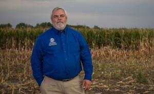A man in a blue shirt stands in a corn field.