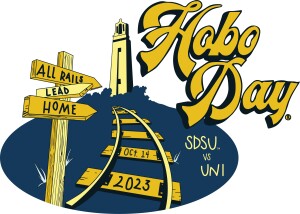 A Hobo Day design for a t-shirt that say's All Roads Lead Home with railroad tracks leading a giant bell tower.