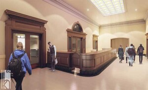 An architect rendering of the updated space with the original circulation desk.